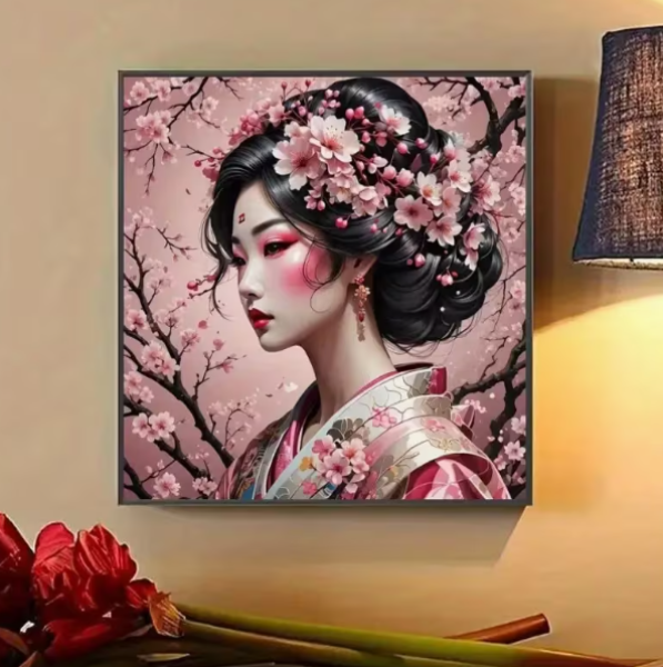 Diamond Painting Japanisch Frau im Kimono, von Kirschblüten umgeben